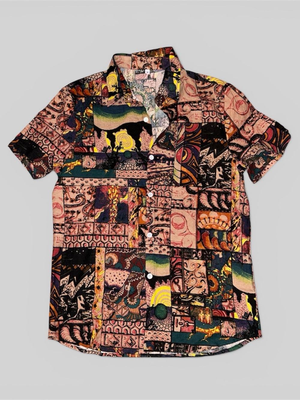 Patchwork Short-Sleeve Button-Down Shirt - Multi Color